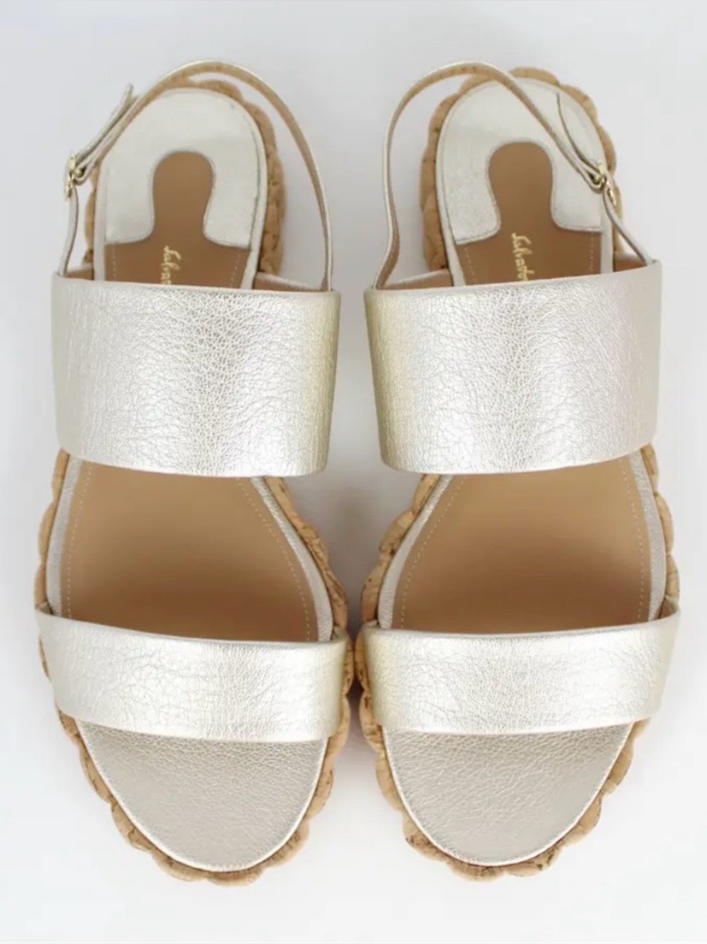 Salvatore Ferragamo "Lusia" Metallic Leather Slide Sandals - Size 8
